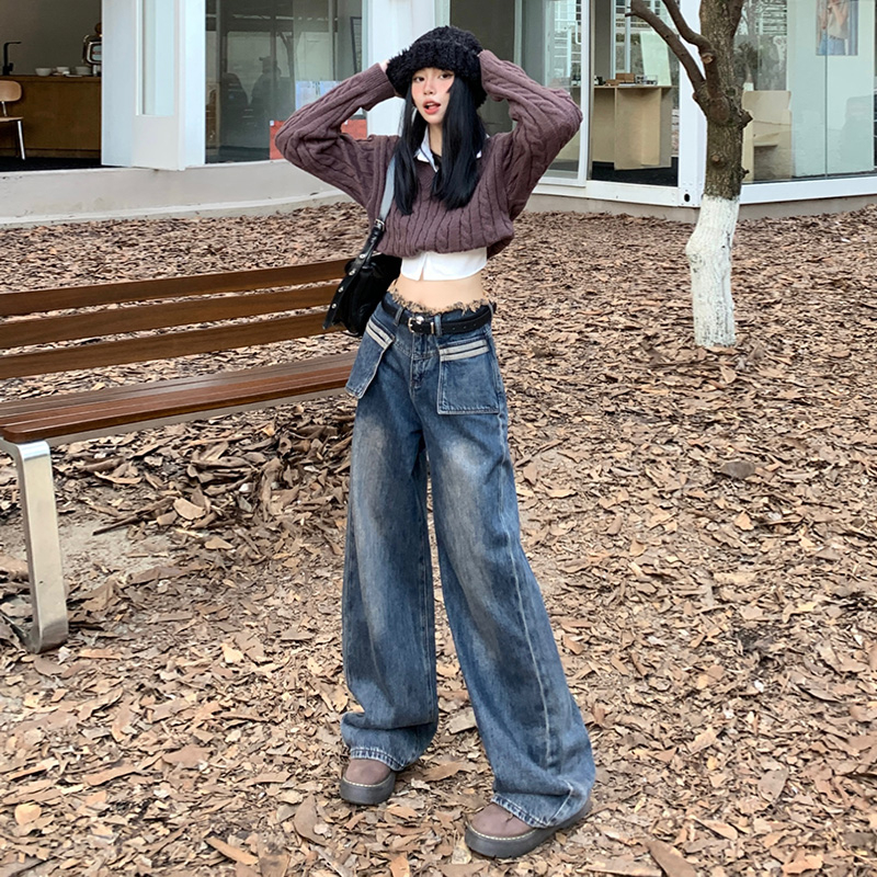 實拍2023秋季美式復古毛邊高腰牛仔褲女辣妹高街闊腿褲