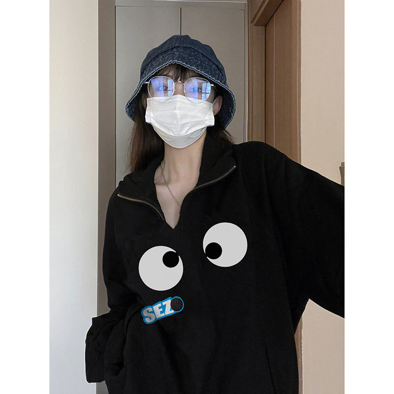 250克大衛衣#冬季加絨polo領衛衣女寬鬆韓版小眾上衣半拉鏈外套女