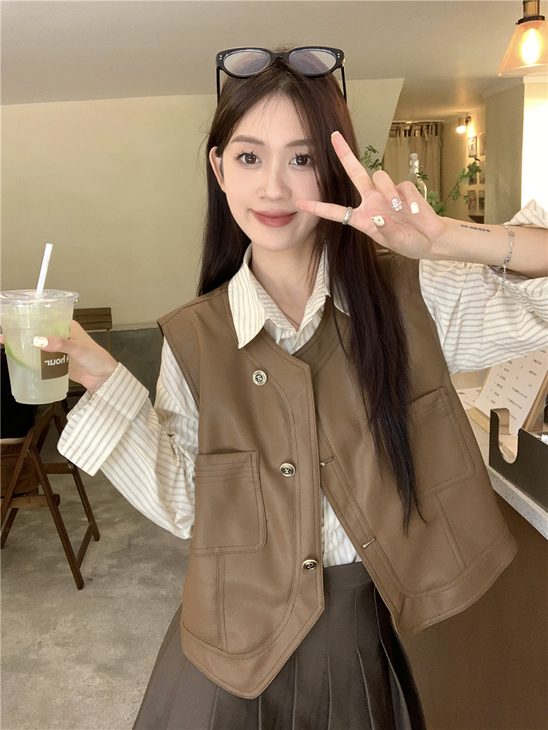 實拍 秋季氣質女神范學院風pu皮馬甲襯衫兩件套裝顯瘦套裝女