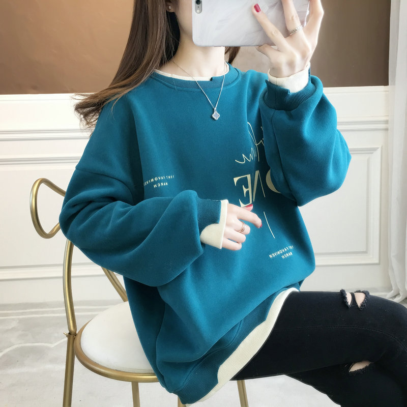 實拍複合330克加絨加厚假兩件衛衣女字母減齡秋冬網紅