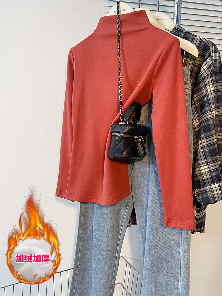 Real shot of half turtleneck double-sided German velvet bottoming shirt for women in autumn and winter, long-sleeved T-shirt plus velvet thickened top
