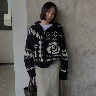 MONA 羊毛混紡百搭提花撞色毛衣慵懶風外套女 上衣秋季2023新款