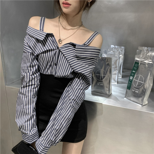 One-shoulder shirt dress women's early autumn design niche  new hot girl sexy hip-covering short skirt