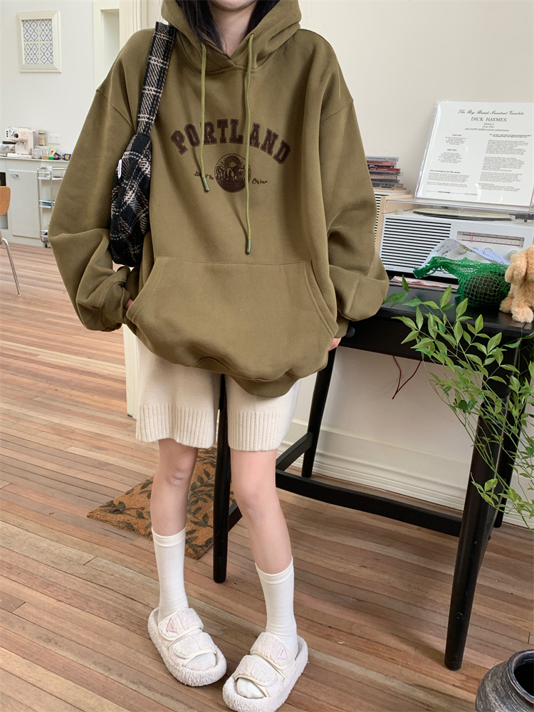 Real shot!  American retro mustard green hooded sweatshirt for women autumn and winter velvet thickened loose jacket