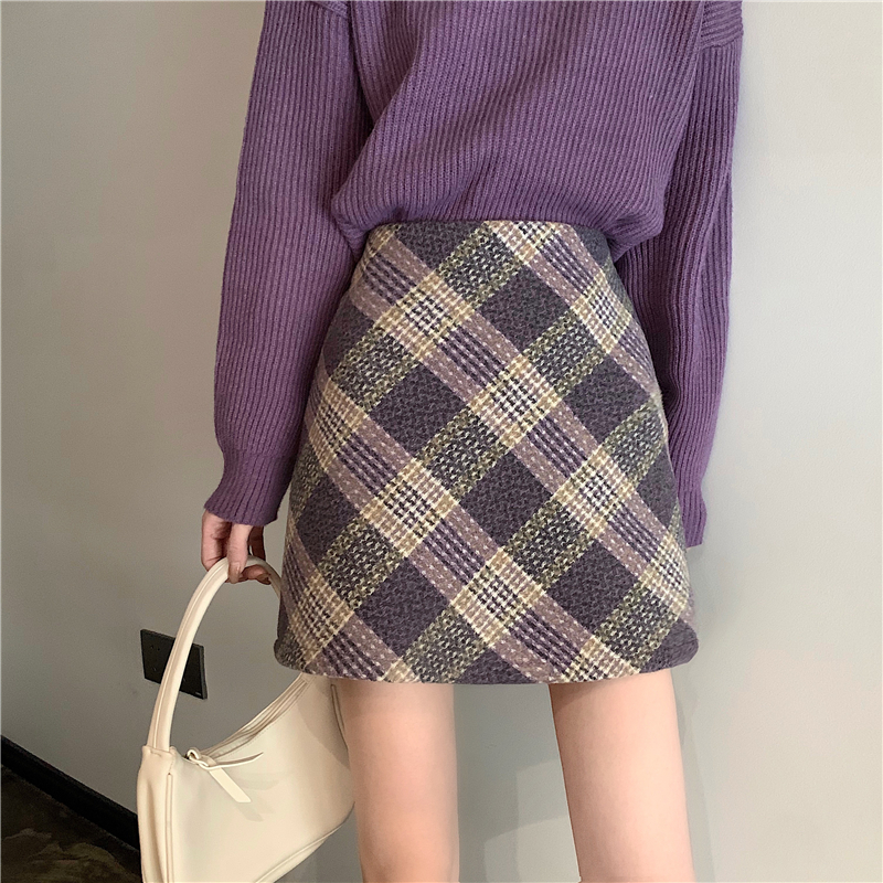 Actual shot of versatile slimming woolen skirt in autumn and winter, sweet salt plaid high-waisted A-line skirt and short skirt