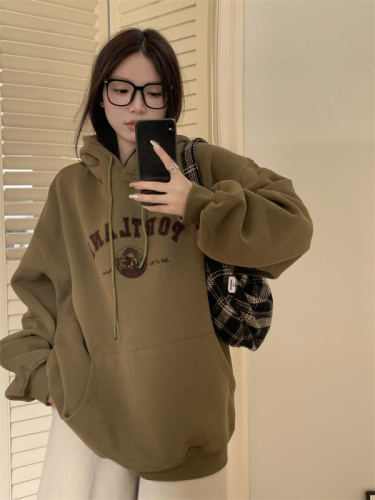 Real shot!  American retro mustard green hooded sweatshirt for women autumn and winter velvet thickened loose jacket
