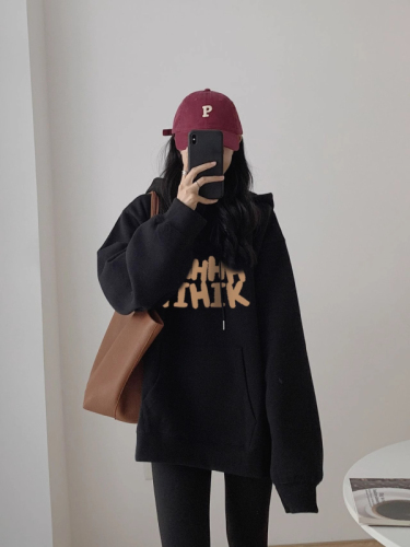 Official picture hooded off-shoulder sweatshirt for women spring and autumn plus velvet American retro black jacket super nice winter top