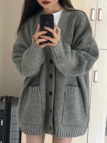 High-end gray lazy style knitted sweater coat cardigan for women  new spring and autumn mid-length top trendy