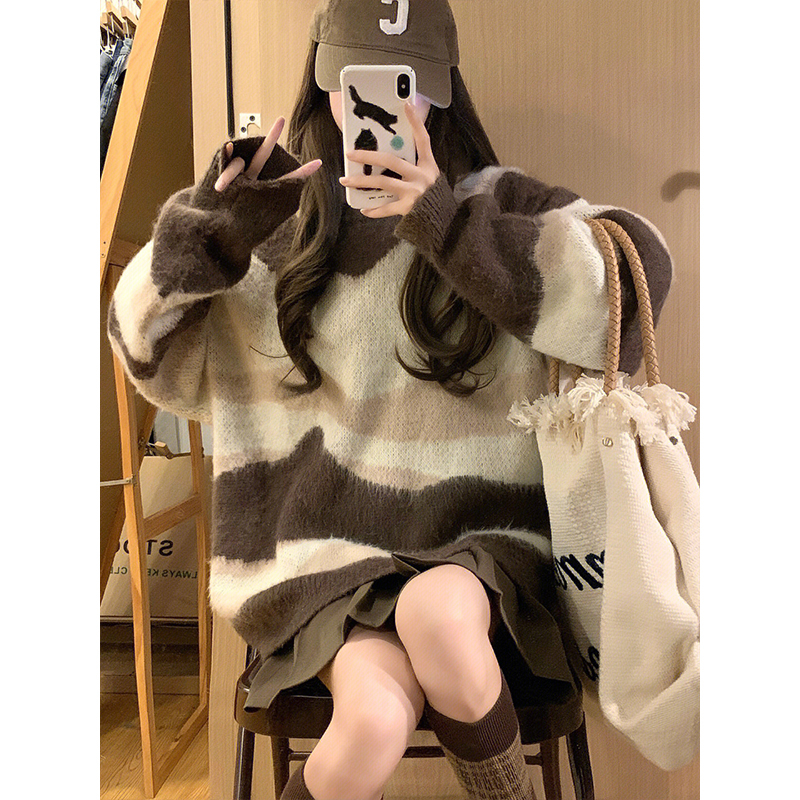 韓版撞色條紋毛衣女秋冬款奶fufu慵懶風設計寬鬆軟糯長袖針織上衣
