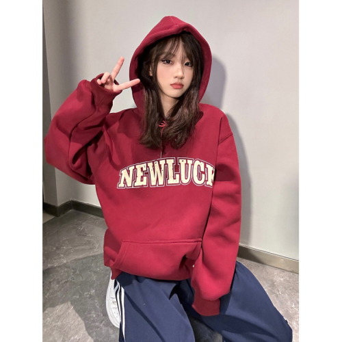 Official picture  new Korean version versatile design chic burgundy white pullover sweatshirt for women