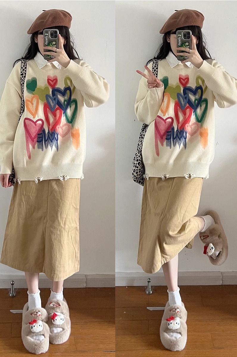 外穿慵懶風毛衣女寬鬆韓系復古軟糯彩色愛心圓領套頭破洞針織衫