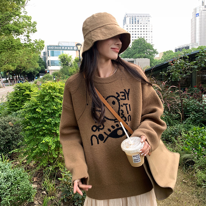 Loose lazy style sweater for women 2023 new autumn and winter Korean style pullover sweater cute graffiti long-sleeved top for women