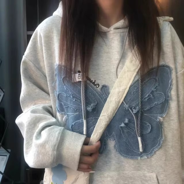 刺繡牛仔貼布黑標食毛華棉復銀狐絨復古蝴蝶貼布衛衣
