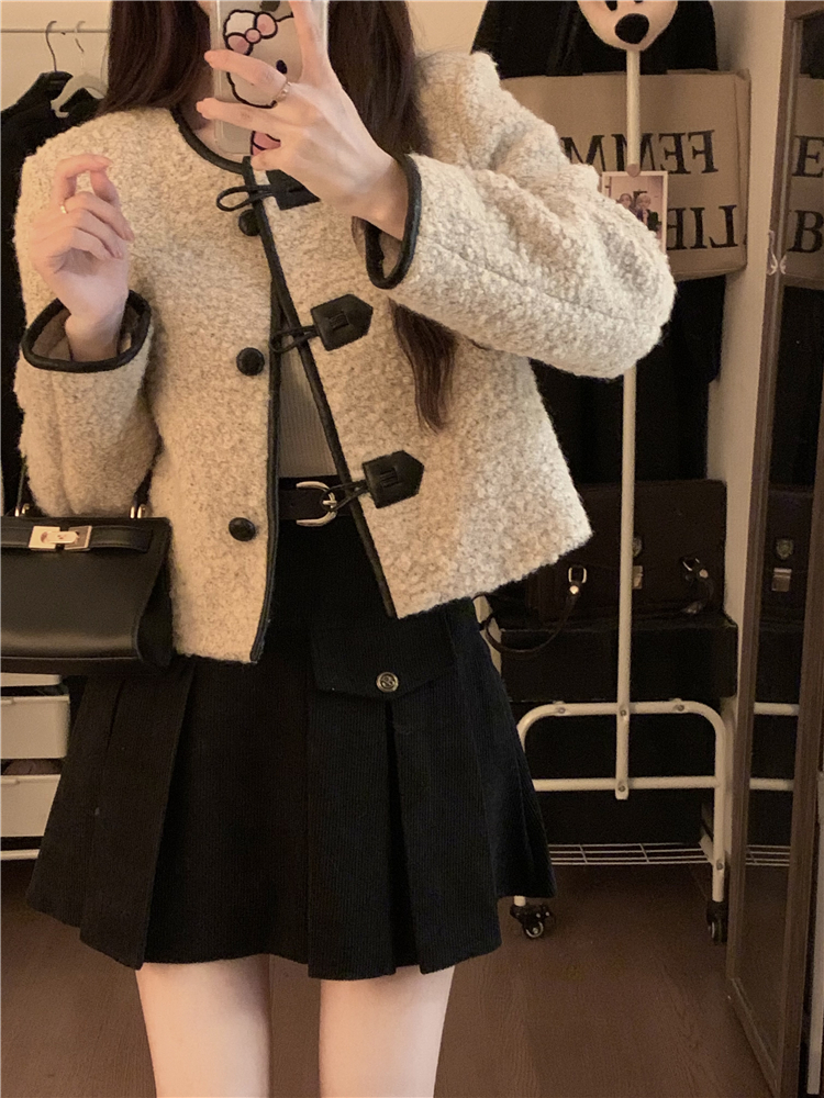 實拍  短款毛呢外套女秋冬小香風氣質輕國風盤扣上衣