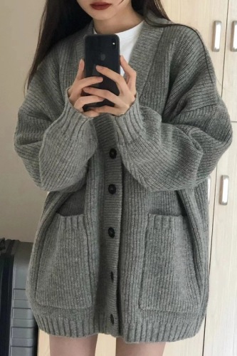 High-end gray lazy style knitted sweater coat cardigan for women  new spring and autumn mid-length top trendy