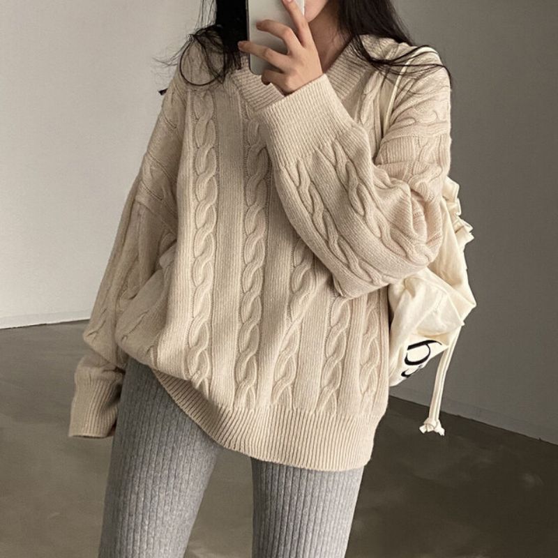 實拍大碼 秋冬寬鬆慵懶毛衣女麻花坑條設計感簡約厚針織上衣