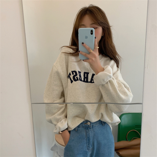 Official Picture Early Autumn Korean Style Embroidered Letters Thin Sweatshirt Women's Loose Round Neck Long Sleeve Top Women