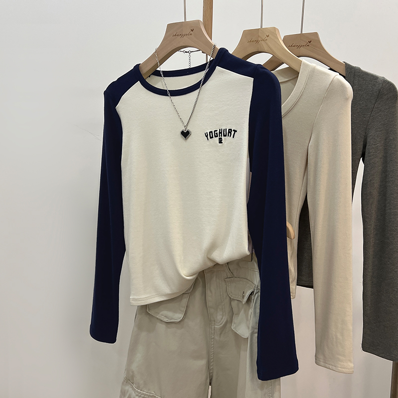 實拍美式撞色字母刺繡t恤女秋冬羊絨衫長袖內搭修身短款上衣