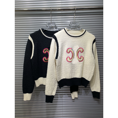 European station 23 autumn new CE knitted colorful thread embroidered logo color-blocked round neck long-sleeved pullover loose top for women