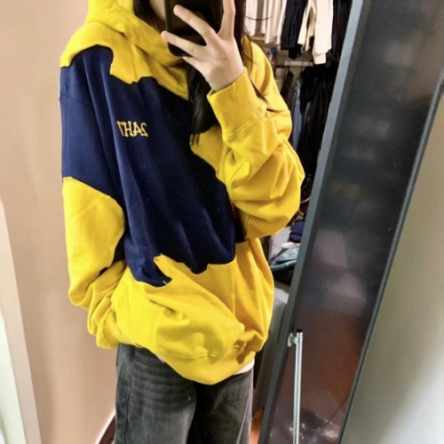 American oversize yellow hooded sweatshirt for women spring and autumn contrasting color stitching hiphop fashion brand high street couple jacket