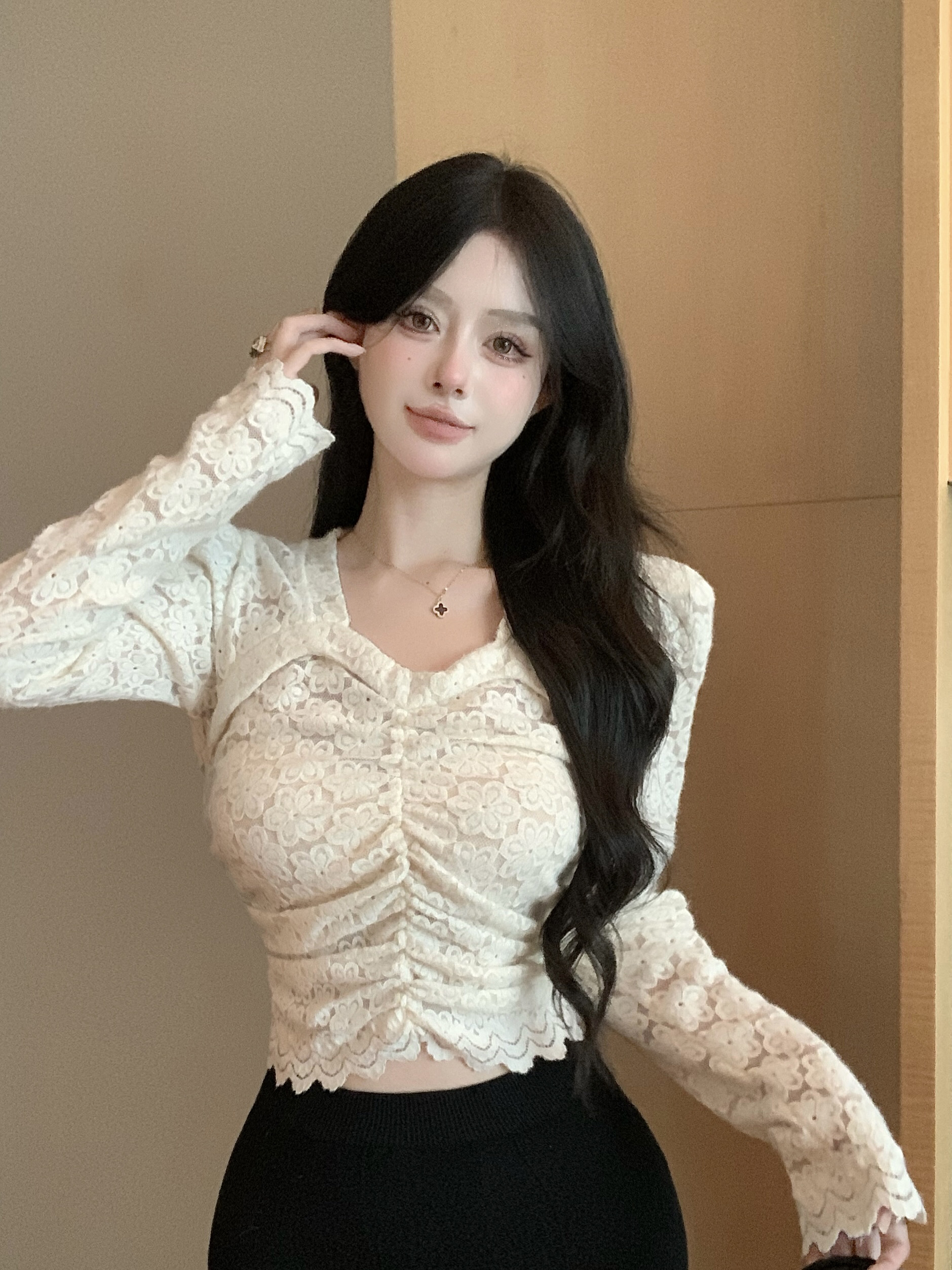Real shot of lace embroidered crocheted long-sleeved shirt for women autumn new slim-fit pleated V-neck shirt top