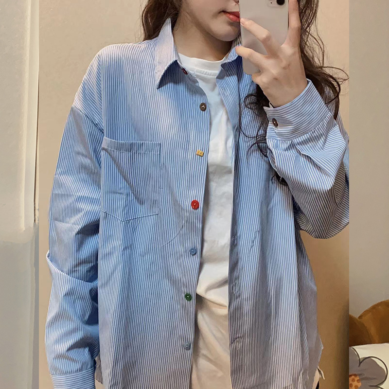 實拍 彩色扣條紋長袖襯衫女春秋季寬鬆中長款休閒外套