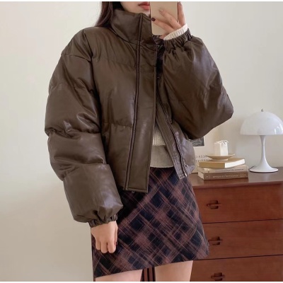 Korean chic retro stand-up collar thickened warm loose versatile versatile short PU leather cotton jacket for women