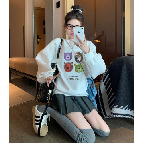 Official picture of white printed pullover sweatshirt for women in spring and autumn, stylish, age-reducing, high-end, chic, super good-looking and versatile top