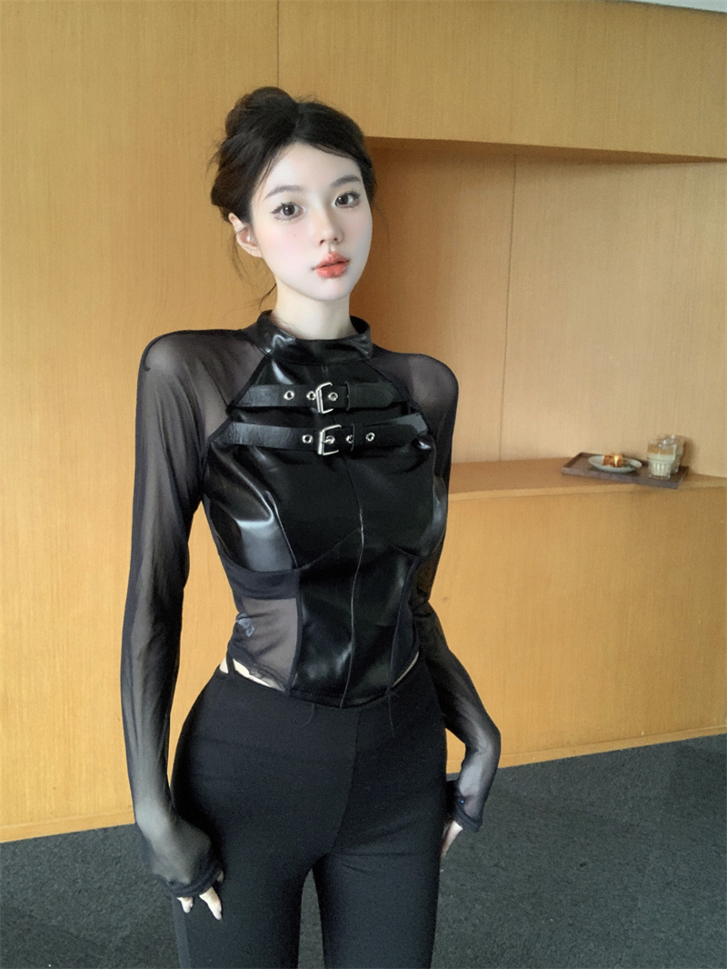 實拍辣妹風別致半高領網紗拼接彈力美背透視上衣高腰包裙皮裙