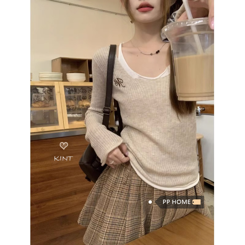 PPHOME日部學妹~假兩件U領針織衫女設計感打底衫外穿掛脖長袖上衣