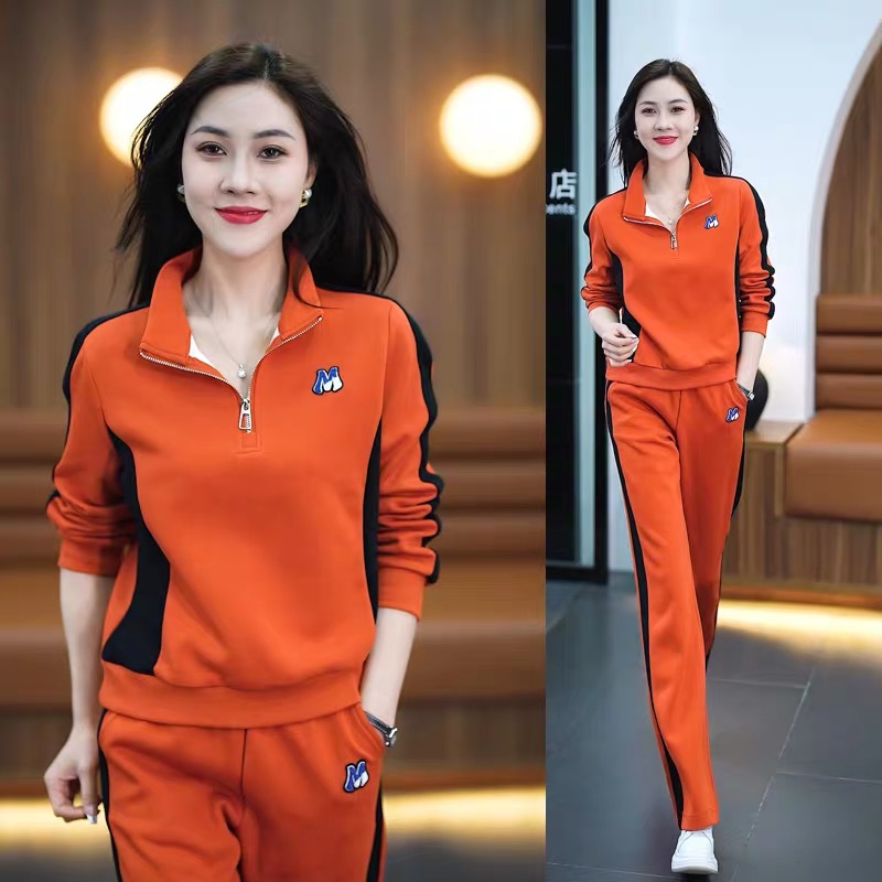 Casual sports suit for women spring and autumn 2023 new style fashionable and slim stand-up collar knitted wide-leg pants two-piece set