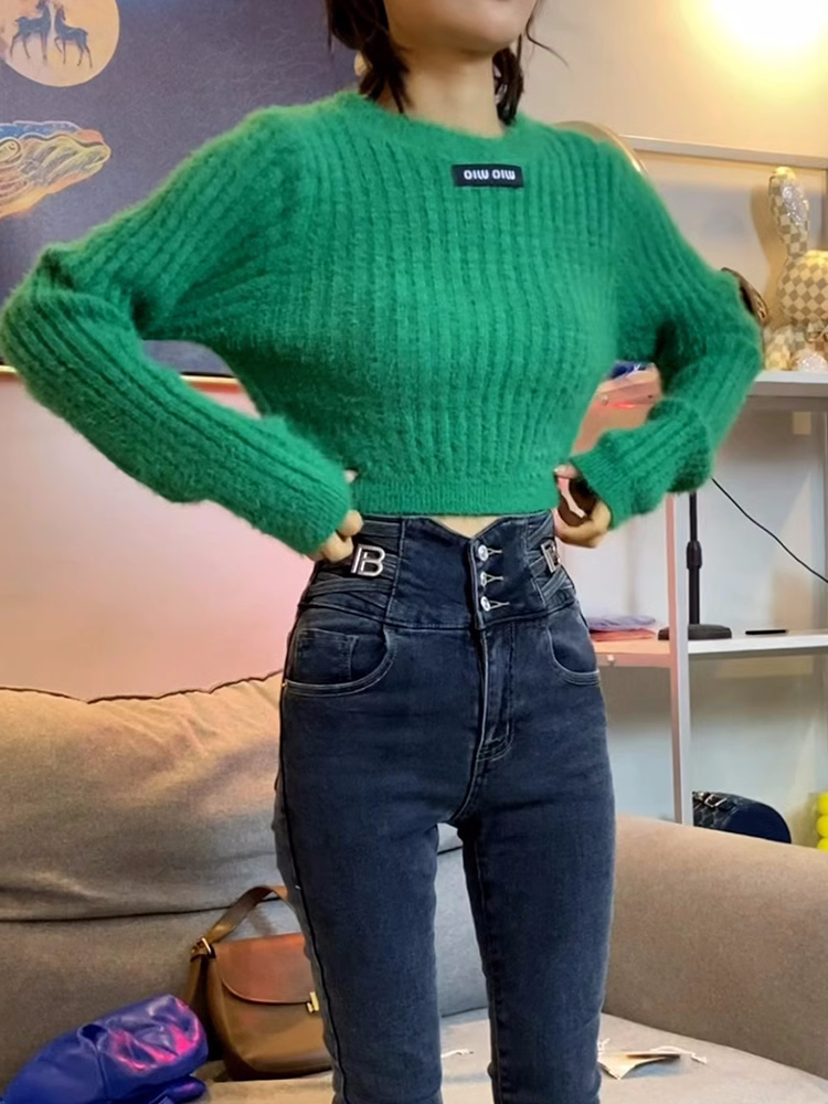 Soft and waxy pullover sweater for women 2023 autumn and winter new style round neck long sleeve knitted slim fit short top for small people