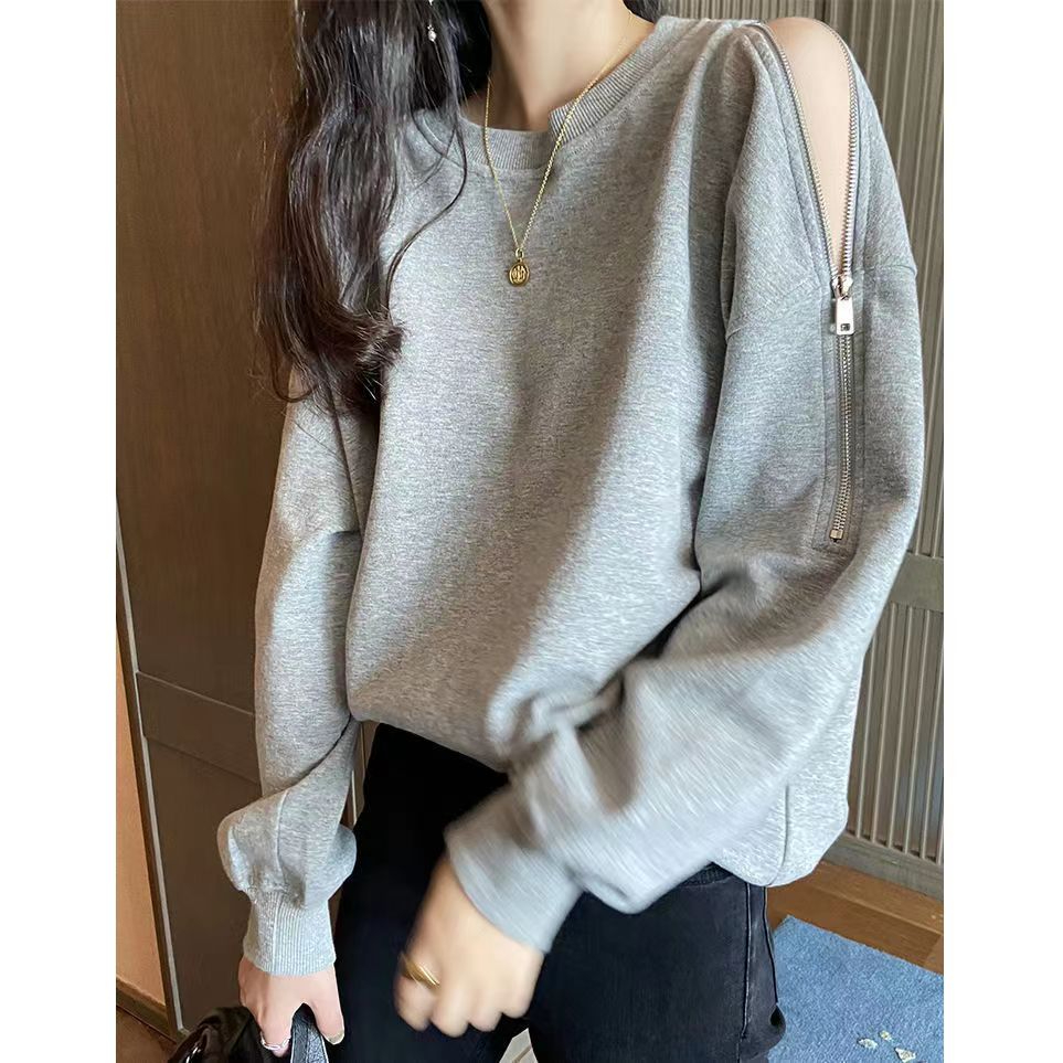 2023 New Pullover Jacket Spring and Autumn Design Long Sleeve Loose Chic Hong Kong Style Top Off Shoulder Sweater Women's Trend
