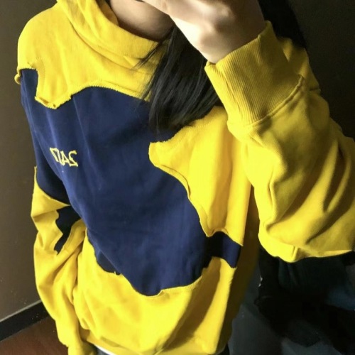 American oversize yellow hooded sweatshirt for women spring and autumn contrasting color stitching hiphop fashion brand high street couple jacket