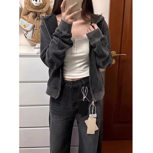 Pure cotton Chinese cotton washed retro washed distressed sweatshirt for women spring and autumn loose hooded jacket for women