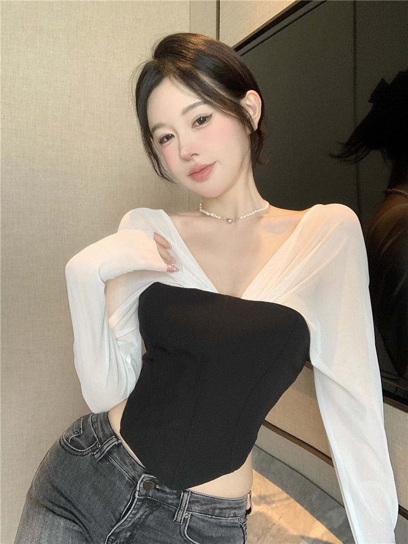 實拍 拼接網紗繃帶上衣