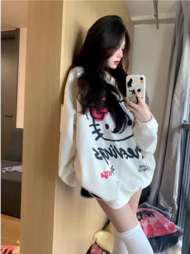 National trend oversize white hooded sweatshirt for women spring and autumn American Hello Kitty chic Hong Kong style retro lazy jacket