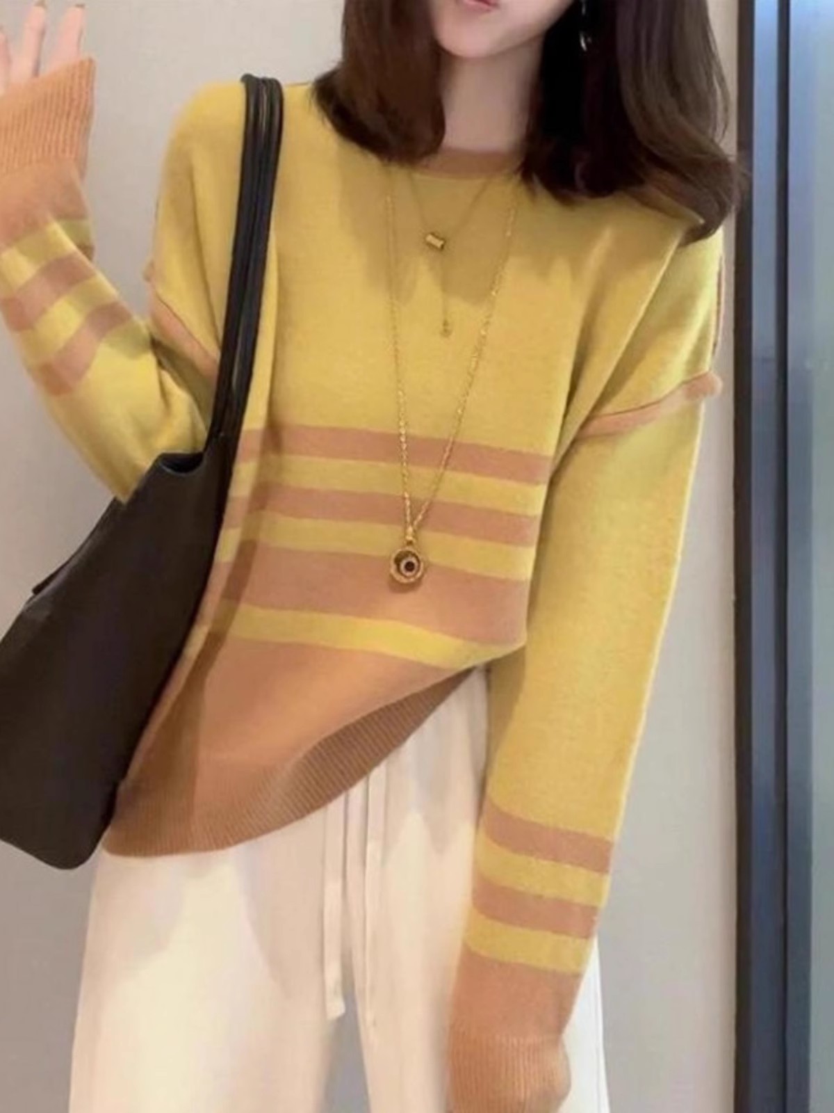 Colorblock striped round neck long-sleeved bottoming sweater women's 2023 autumn and winter new style inner wool top