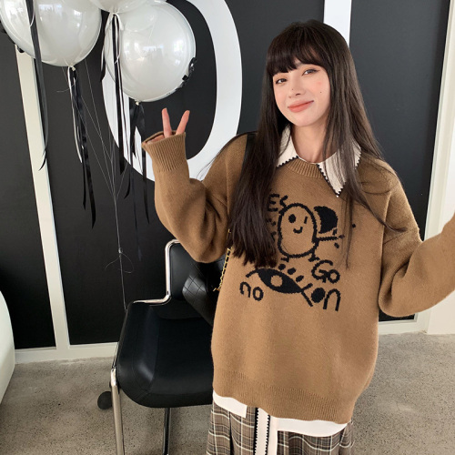 Loose lazy style sweater for women 2023 new autumn and winter Korean style pullover sweater cute graffiti long-sleeved top for women