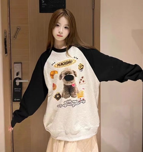 Heavyweight pure cotton American style stitching contrasting color round neck sweatshirt for women  autumn and winter new loose mid-length trendy brand top