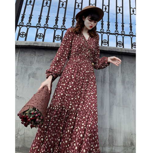 Dress for women mid-length long-sleeved spring dress floral chiffon hot mom new dress dress mid-length dress for women