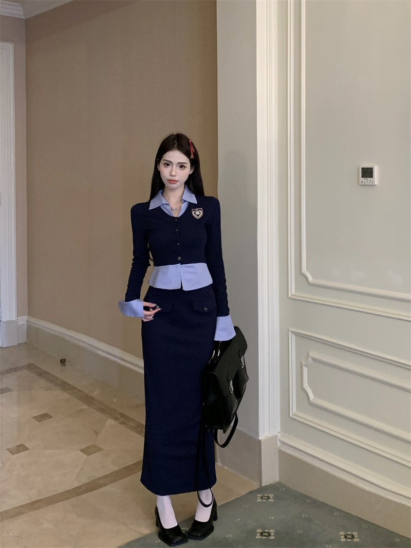 實拍 假兩件襯衫學院風套裝女拼接針織上衣包臀長裙
