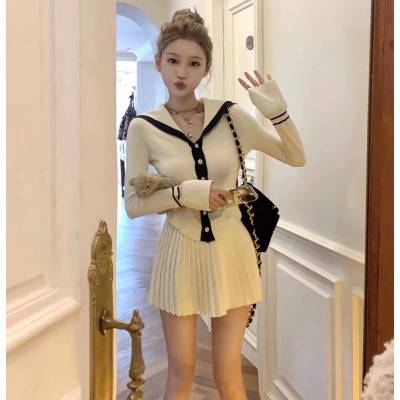 COOLLINE Lin Zixi Honey Sailor Muse Navy Style Knitted Waist Suit Skirt Autumn Women Black/White