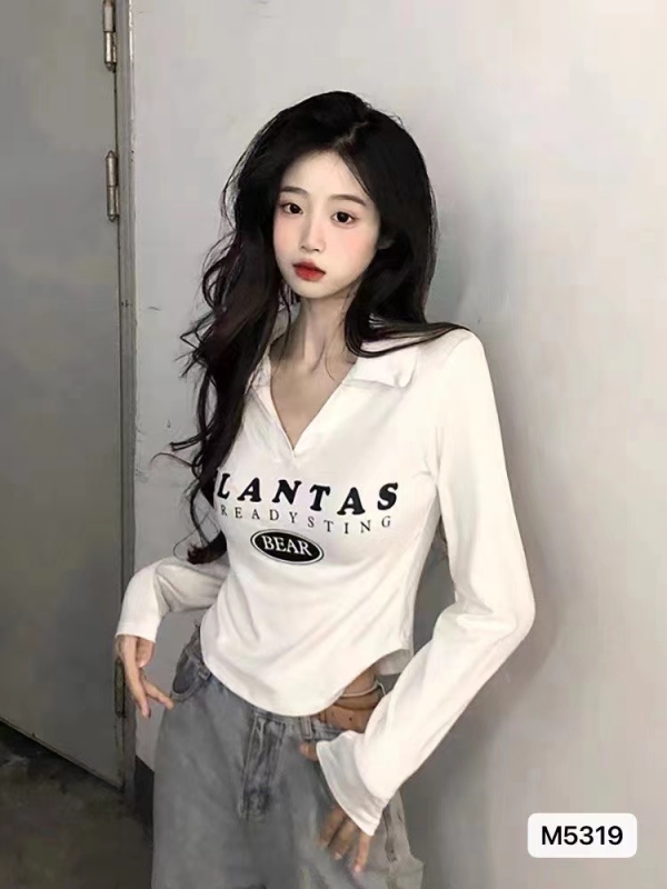 2023 new autumn design sweet and spicy style polo collar letter printed curved long-sleeved top for women