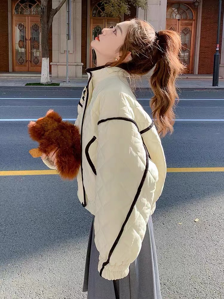White short rhombus lightweight cotton coat for small women 2023 winter new style loose warm design cotton coat