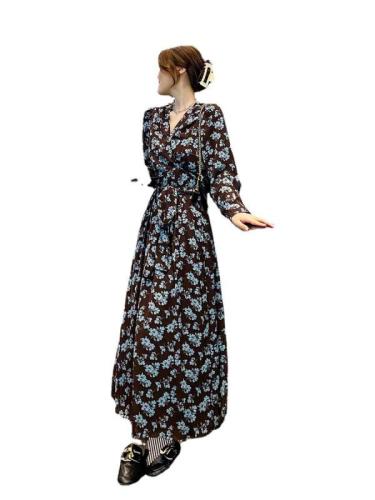 Floral V-neck long-sleeved slit dress women's shirt waist sexy autumn dress new pure desire spring and autumn