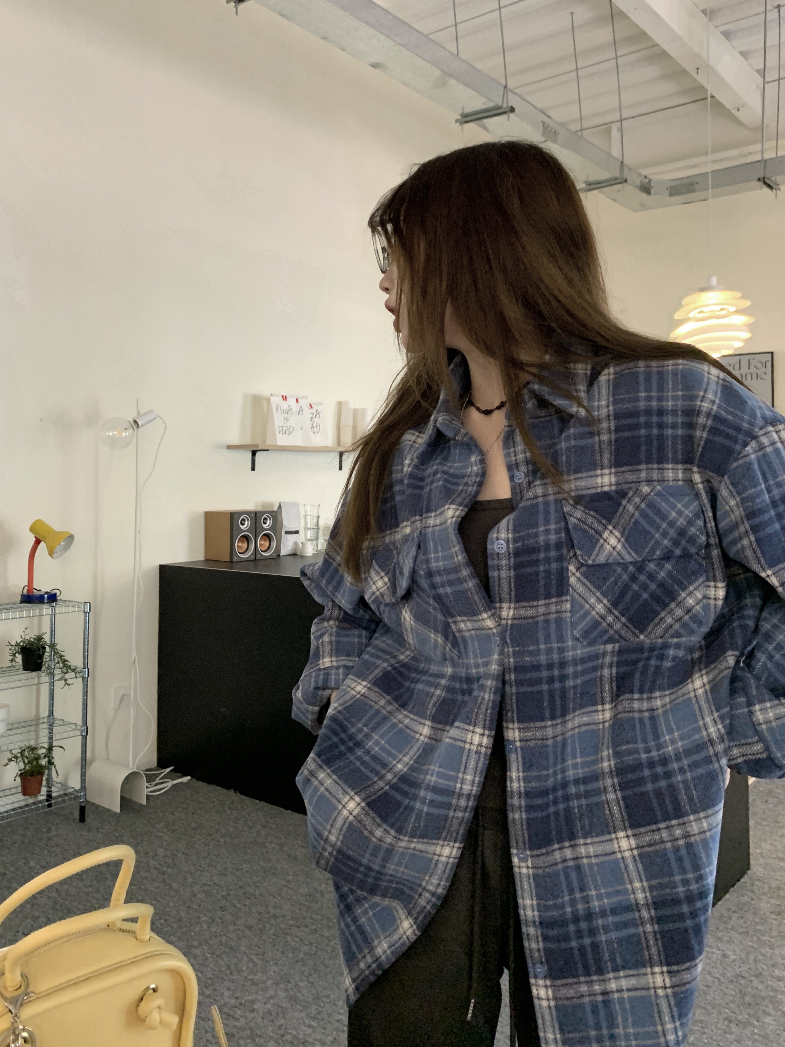 實拍 秋季新款復古慵懶風格紋長袖襯衫寬鬆顯瘦加厚上衣女