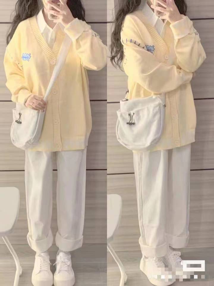 綿羊絨開衫毛衣女春秋寬鬆慵懶風bf復古設計感小眾軟糯外套褲子
