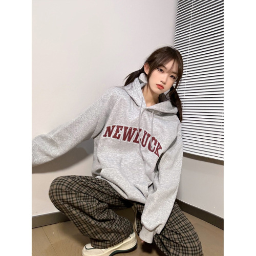 Official picture  new Korean version versatile design chic burgundy white pullover sweatshirt for women