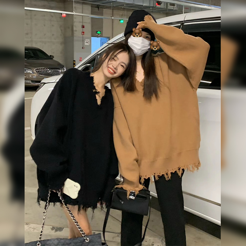 韓系磨破流蘇v領毛衣女慵懶風外穿秋季高級感寬鬆百搭套頭針織衫